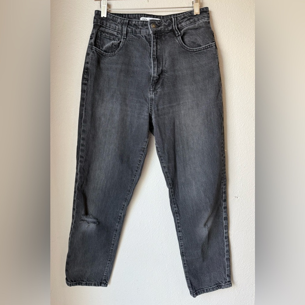 Zara Faded Black Straight Leg Denim Jeans Distressed Womens Size 8